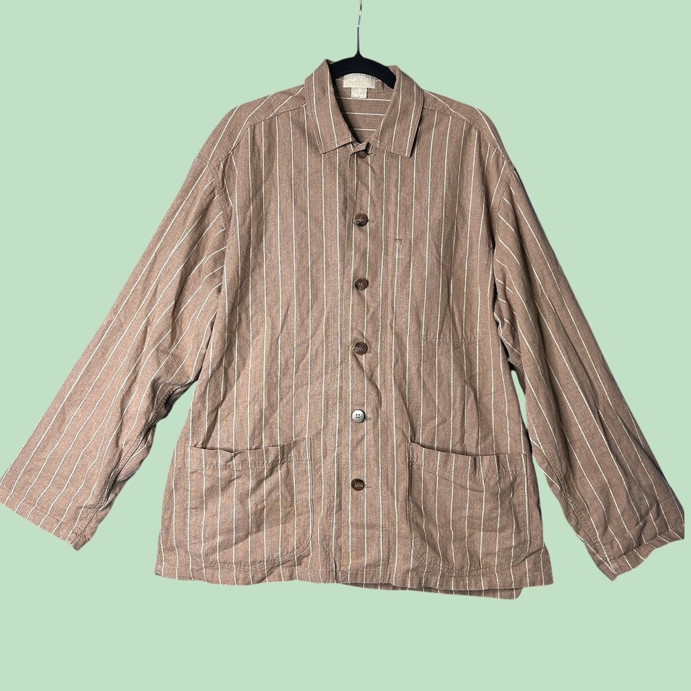 Vintage Esprit Mens Linen Blend Pinstripe Chore Shacket Sz M Coastal Minimalist
